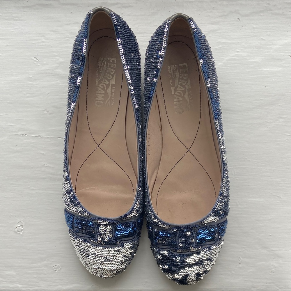 Blue and Silver Sequin Ferragamo Flats